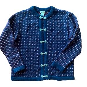 L.L. Bean Vintage Blue Fair Isle Cardigan with white and red details M